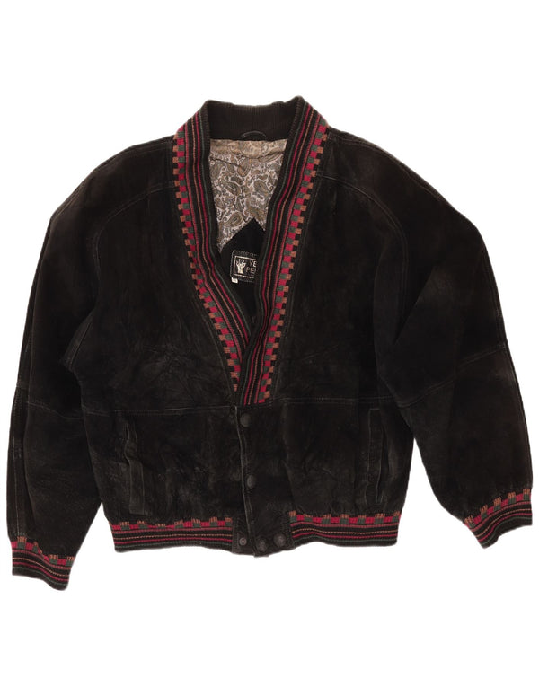 VINTAGE Damen Übergroße Wildlederjacke UK 18 XL Schwarzes geometrisches Leder