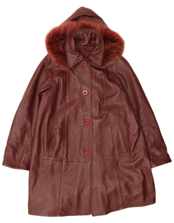 Vintage Damen Ledermantel mit Kapuze UK 14 Mittelrot
