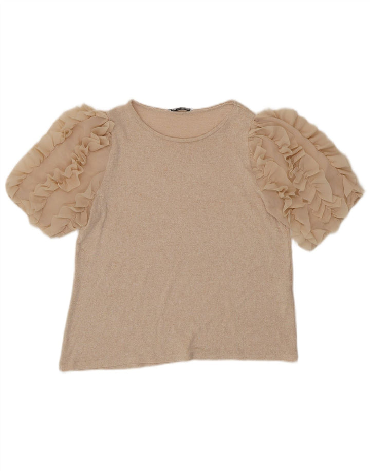 Zara Damen Bluse Top UK 14 Large Beige Viskose
