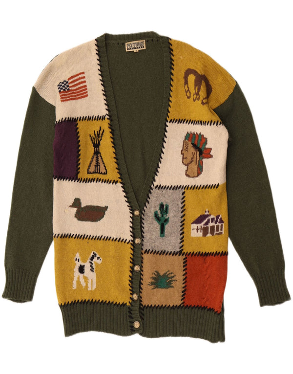 Vintage Damen Grafischer Cardigan Pullover UK 16 Große grüne Patchwork-Wolle