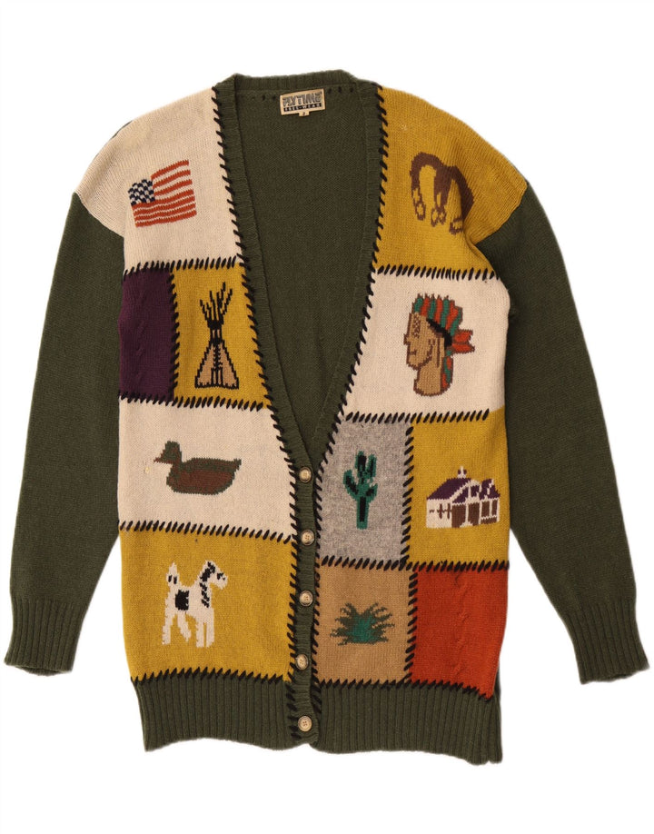 Vintage Damen Grafischer Cardigan Pullover UK 16 Große grüne Patchwork-Wolle