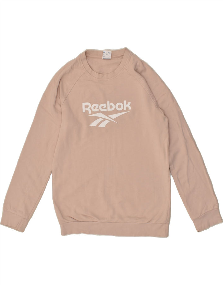 REEBOK Womens Graphic Sweatshirt Jumper UK 14 Medium Beige Cotton | Vintage Reebok | Thrift | Second-Hand Reebok | Used Clothing | Messina Hembry 