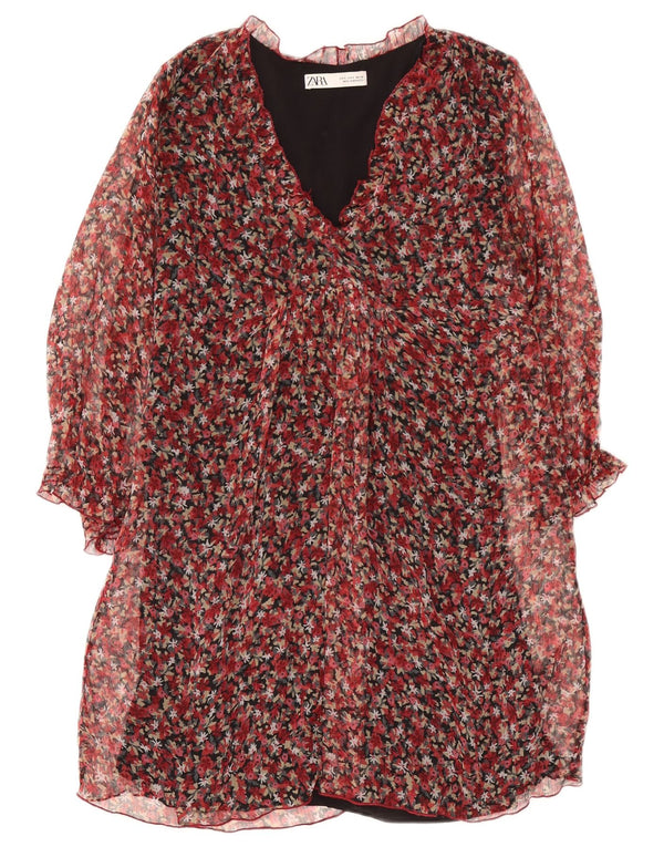 Zara Damen-Etuikleid mit langen Ärmeln, Gr. 10, Größe S, Rot, Blumenmuster, Polyester