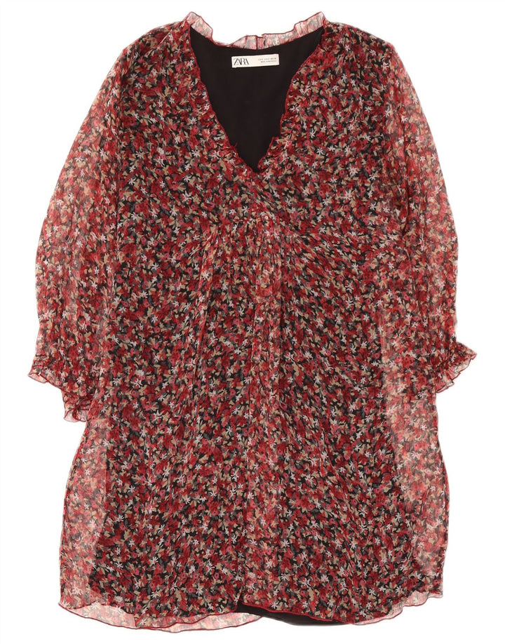 Zara Damen-Etuikleid mit langen Ärmeln, Gr. 10, Größe S, Rot, Blumenmuster, Polyester