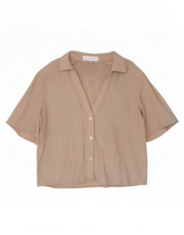 Zara Damen Kurzarm-Oversize-Hemdbluse UK 6 XS Beige Viskose