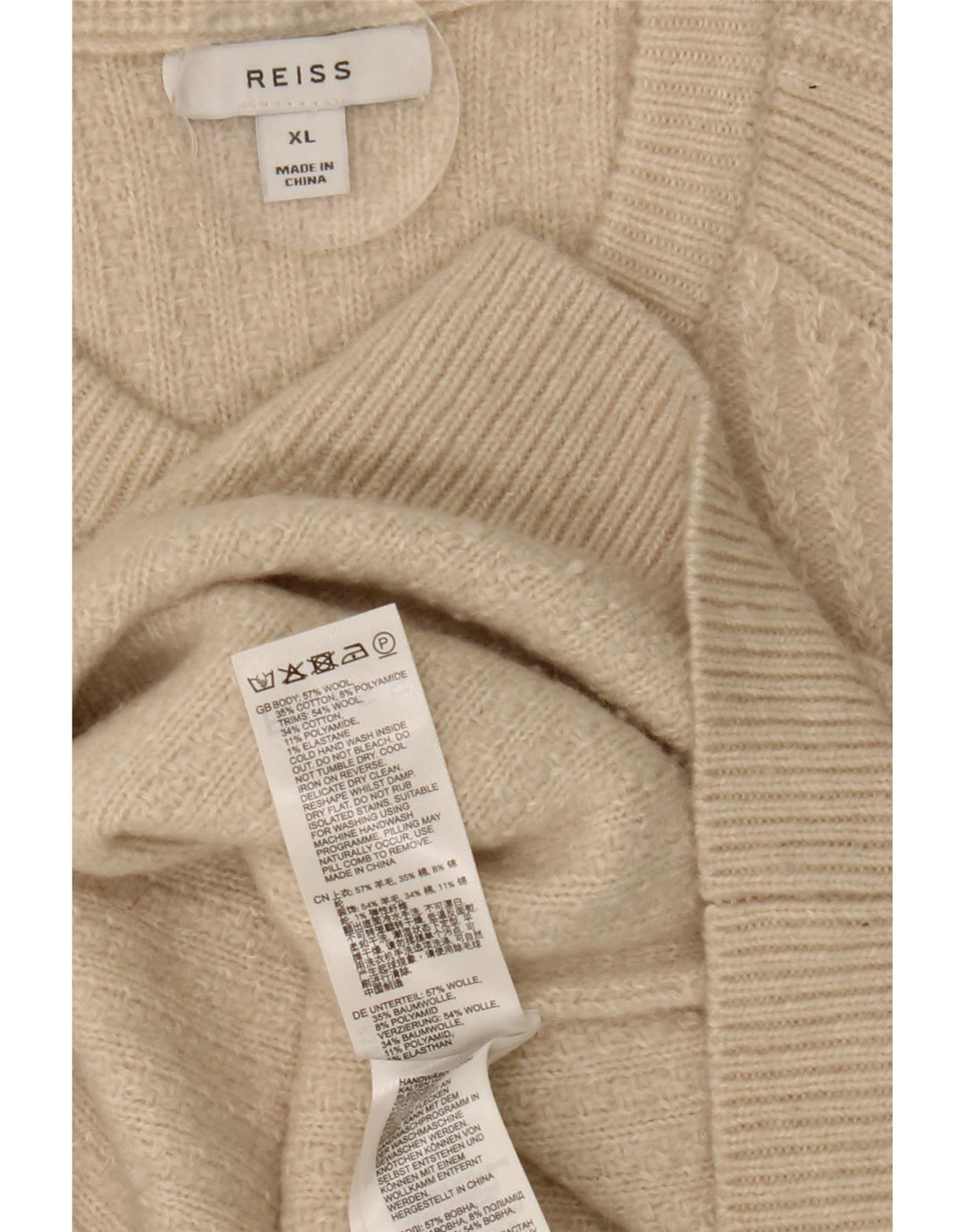 Reiss Herren-Pullover mit Rundhalsausschnitt, XL, beige Wolle