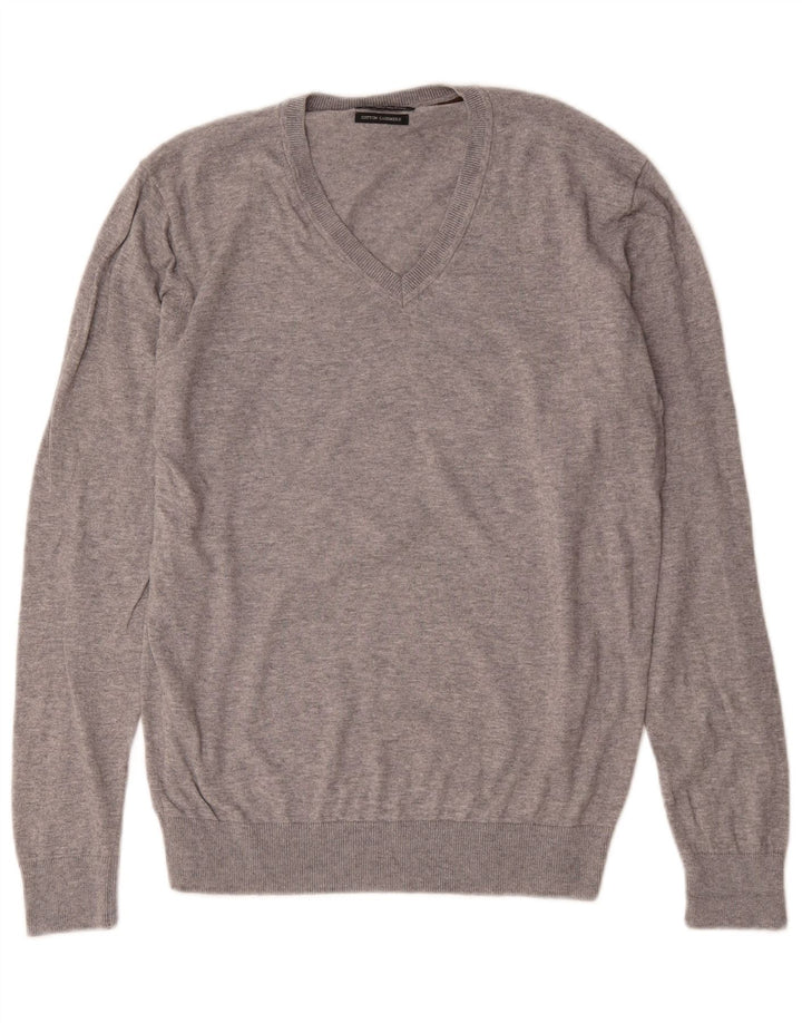 Zara Herren-Pullover mit V-Ausschnitt, groß, grau gefleckte Baumwolle