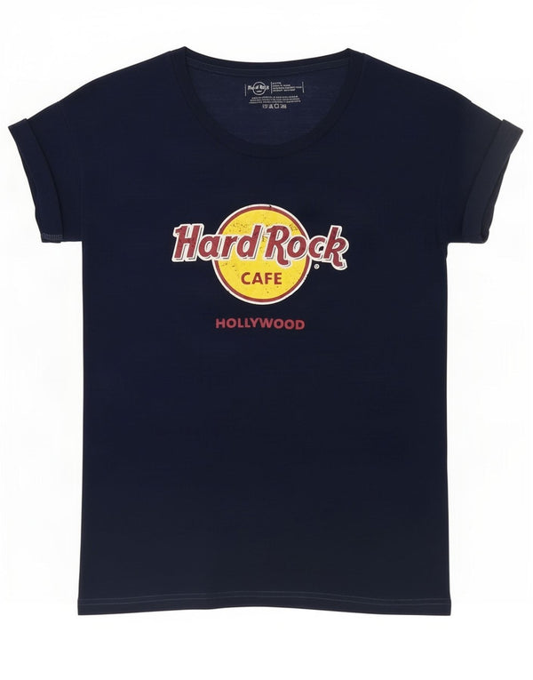 Hard Rock Cafe Damen Hollywood Graphic T-Shirt Top UK 14 Medium Marineblau