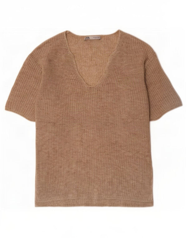 Zara Damen-Pullover, übergroß, V-Ausschnitt, Gr. 10, Größe S, Beige gefleckt