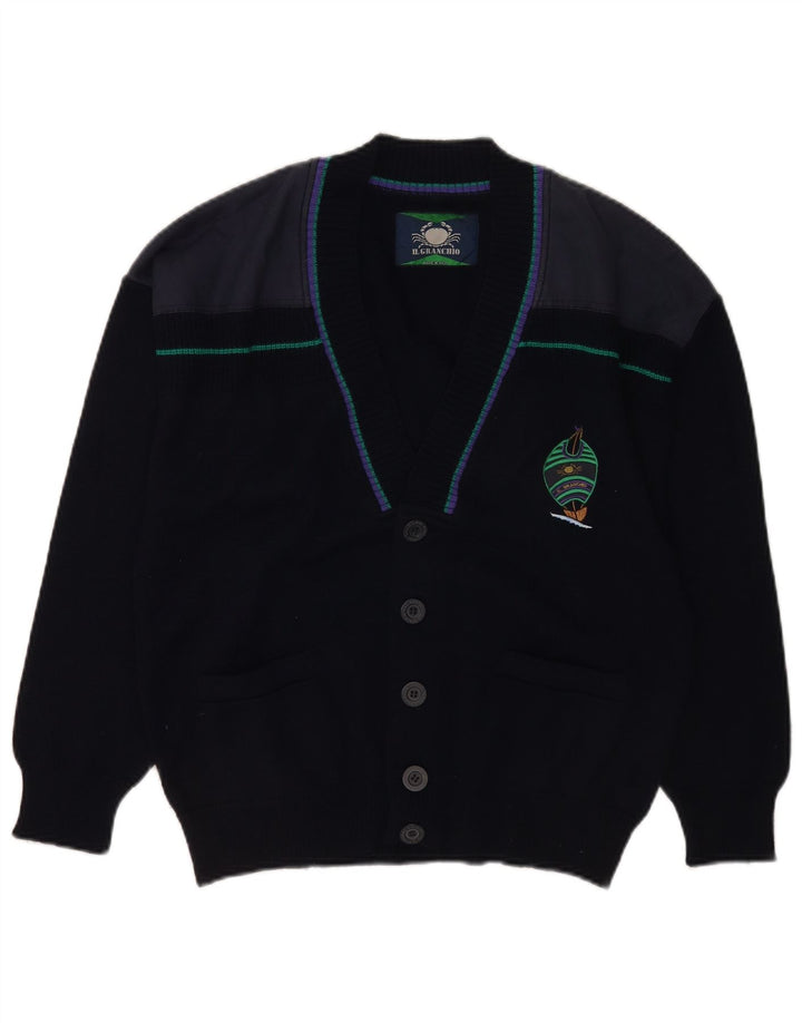 Il Granchio Herren-Cardigan-Pullover aus mittlerer marineblauer Colourblock-Wolle