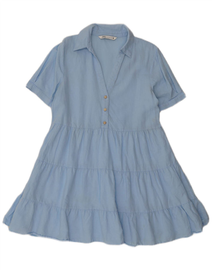Zara Damen-Stufenkleid UK 14 Mittelblaues Leinen