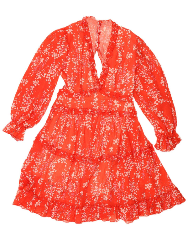 VINTAGE Damen Langarm-Stufenkleid UK 12 Mittelrot geblümt