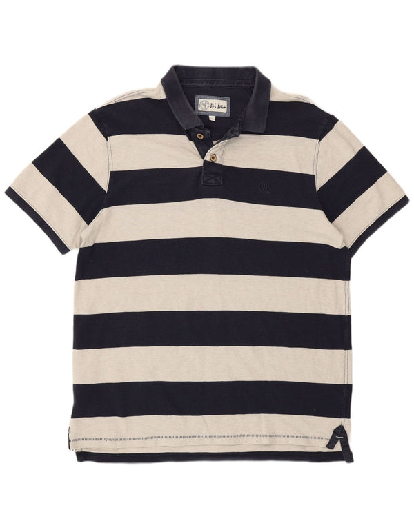 Fat Face Mens Polo Shirt Large Navy Blue Striped Cotton