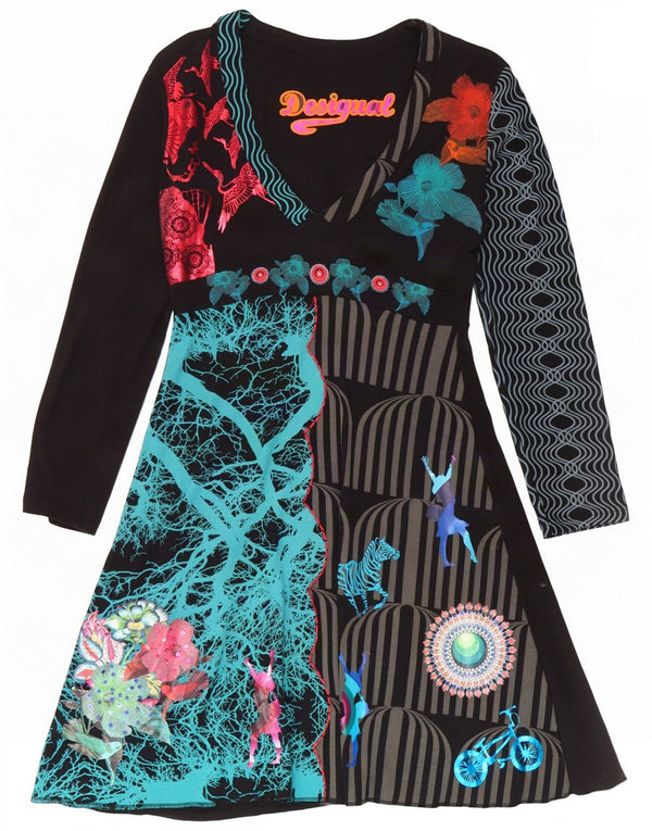 Desigual Damen Langarm-Grafik-A-Linien-Kleid UK 18 XL Schwarz Patchwork