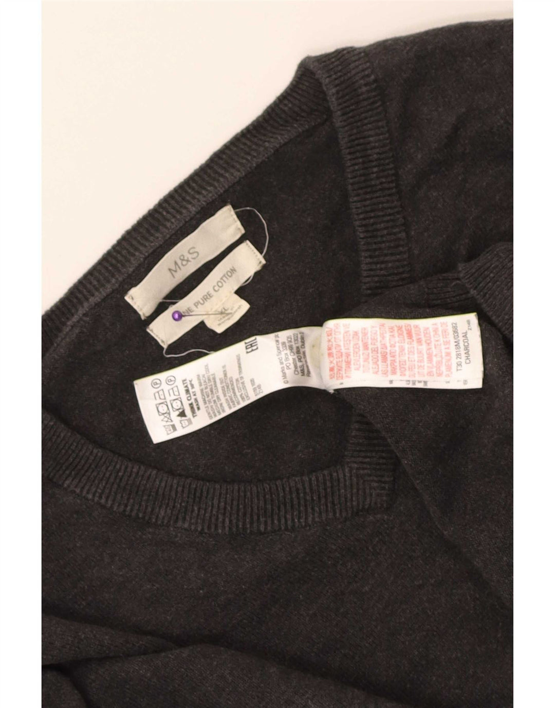 Marks & Spencer Herren-Pullover mit V-Ausschnitt, XL, graue Baumwolle