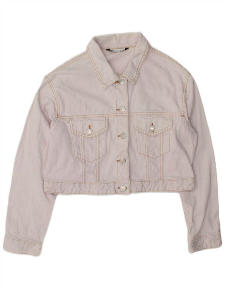 Zara Damen Crop Denim Jacke UK 16 Large Rosa Baumwolle