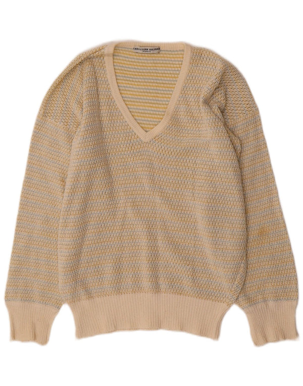 Christian Aujard Damen-Pullover mit V-Ausschnitt, US 2 XS, gebrochenes Weiß gestreift