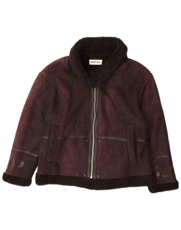 Replay Damen Graphic Sherpa Jacke UK 14 Large Braun Polyester