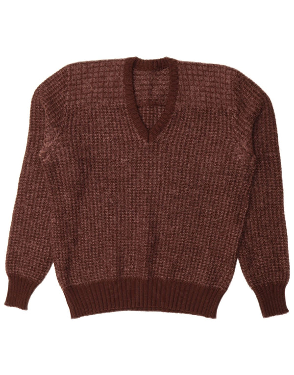 Vintage Damen Pullover mit V-Ausschnitt IT 52 2XL Braune geometrische Schurwolle