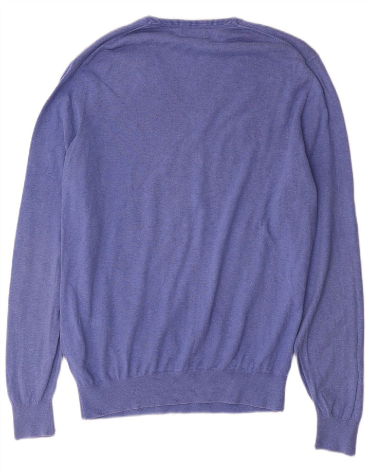 Massimo Dutti Herren-Pullover mit V-Ausschnitt, groß, aus blauer Baumwolle