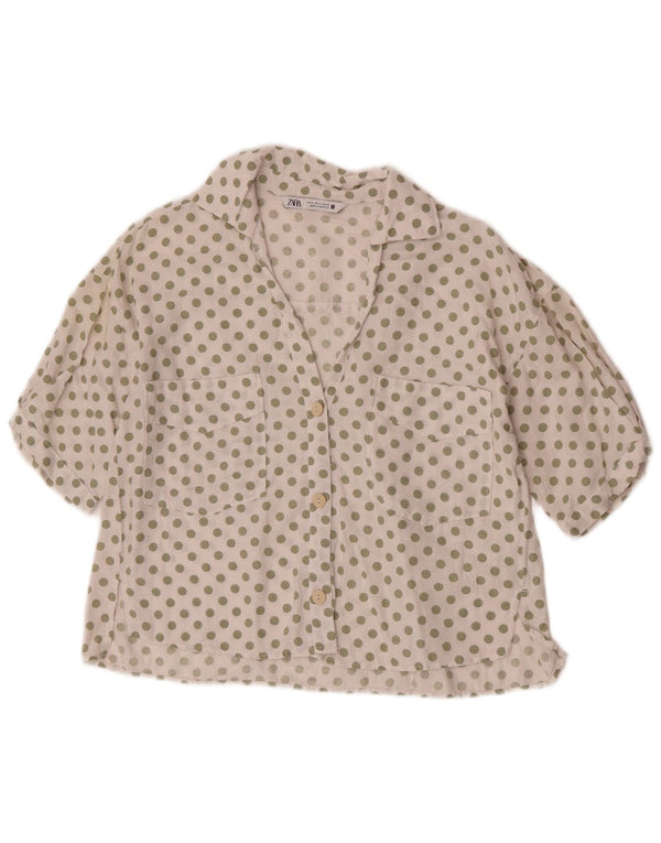 Zara Damen Kurzarmhemd UK 10 Small Weiß Polka Dot Leinen