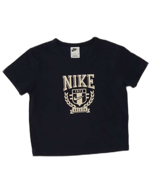 Nike Damen Crop Graphic T-Shirt Top UK 12 Medium Marineblau Baumwolle