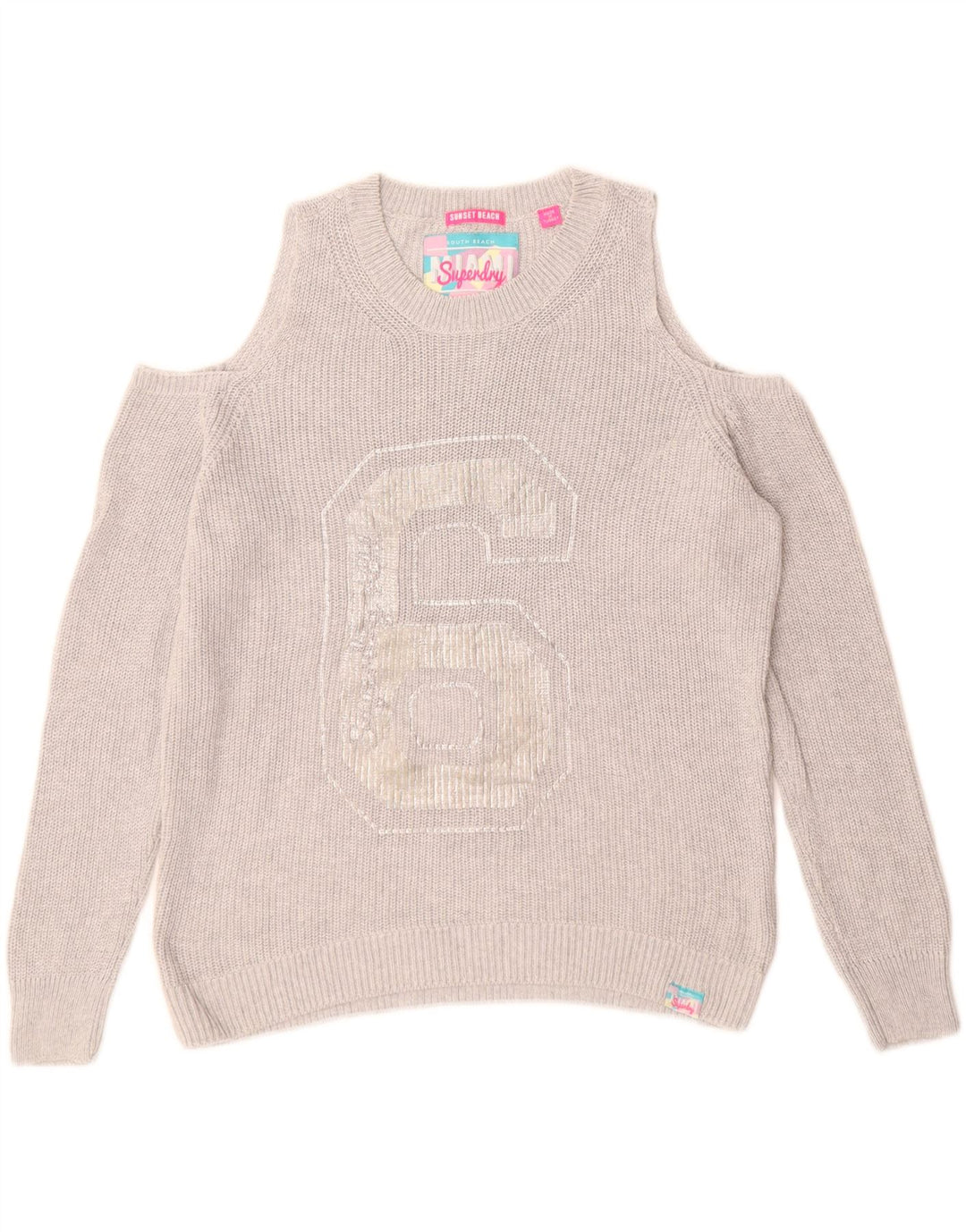 SUPERDRY Damen Pullover mit grafischem U-Boot-Ausschnitt, UK 14, Mittelgrau