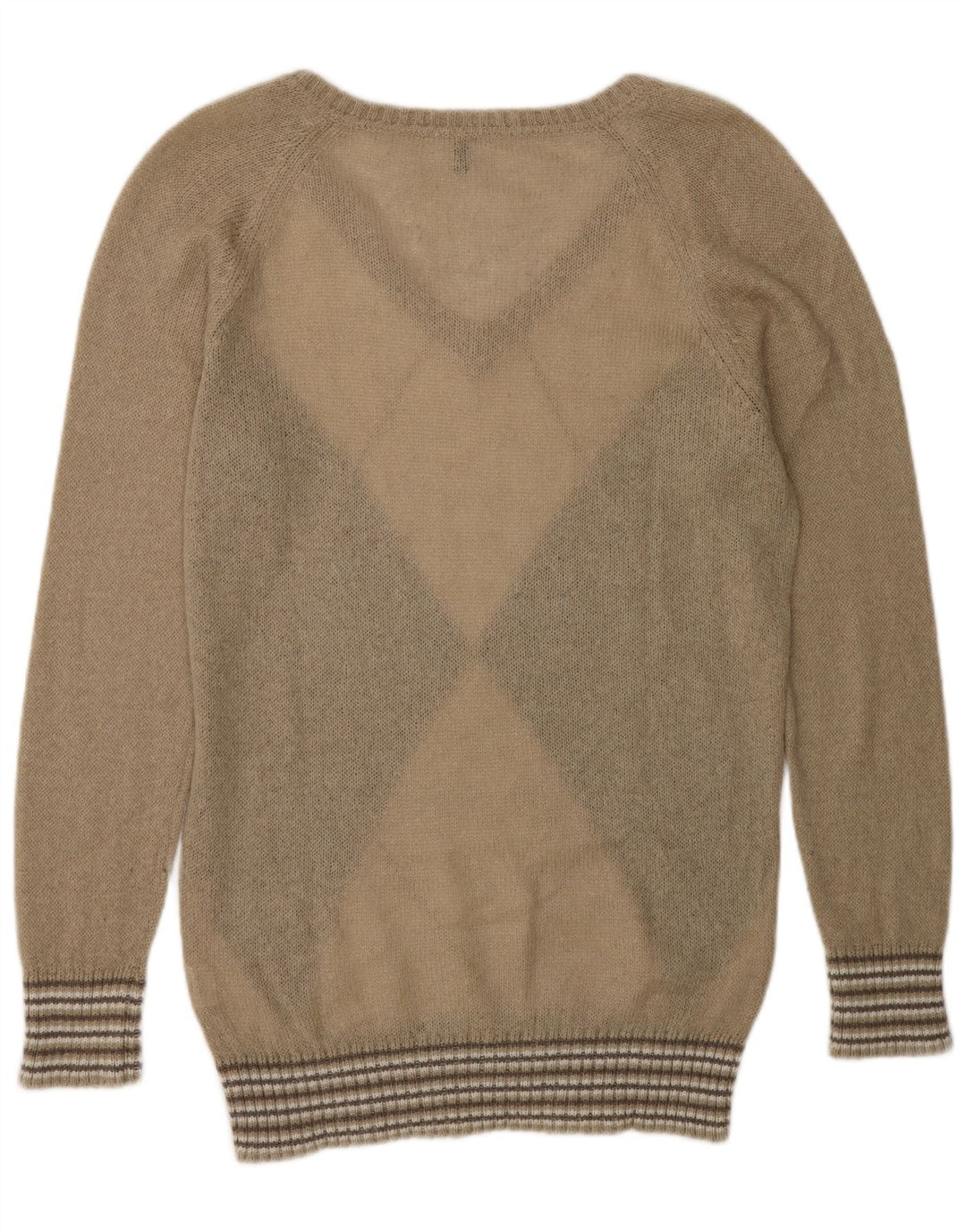 Benetton Damen-Pullover mit V-Ausschnitt, Gr. 14, Mittelbeige, Argyle-Muster/Diamant