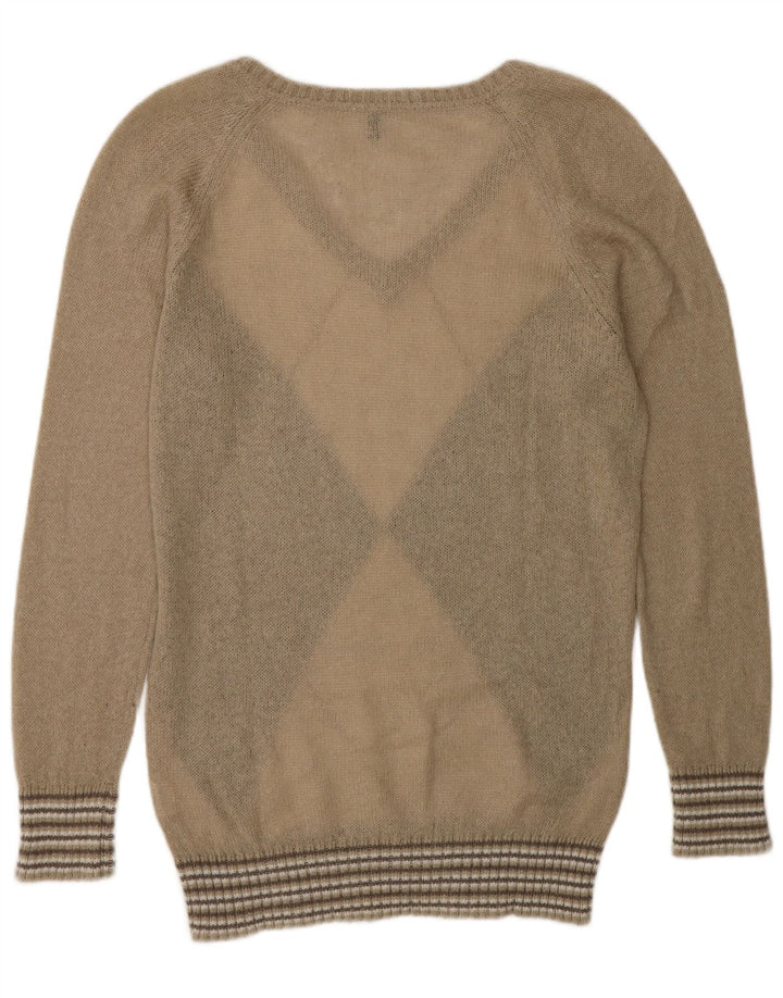 Benetton Damen-Pullover mit V-Ausschnitt, Gr. 14, Mittelbeige, Argyle-Muster/Diamant