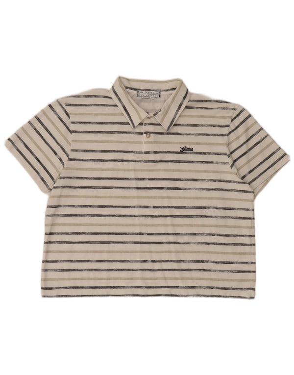 Guess Damen-Poloshirt mit normaler Passform, UK 14, Größe L, gebrochenes Weiß, gestreift