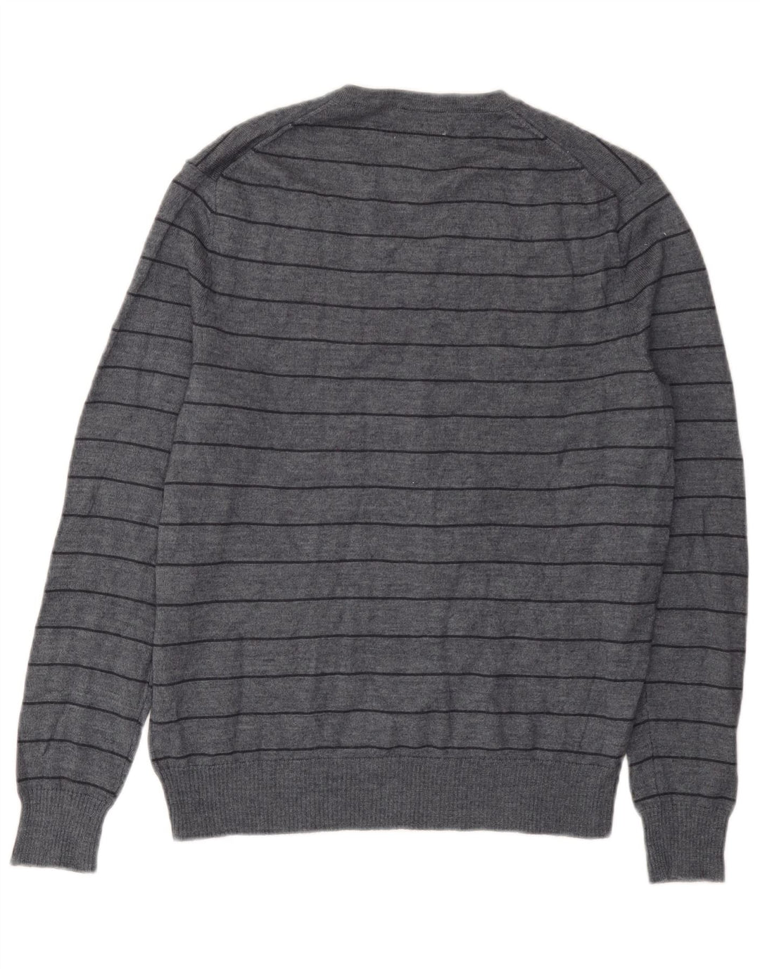 Calvin Klein Herren-Pullover mit V-Ausschnitt aus mittelgrauer, gestreifter Merinowolle