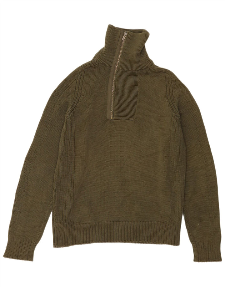 Zara Herren-Pullover mit Reißverschluss am Hals, mittelgrüne Baumwolle
