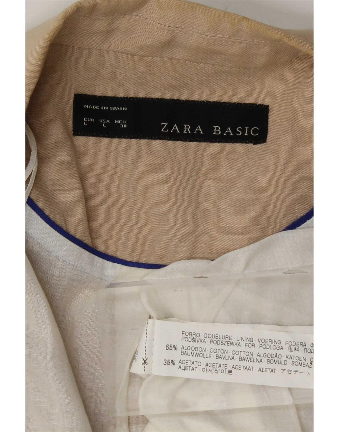 Zara Damen-Blazer mit 3/4-Ärmeln, offenem Schnitt, UK-Gr. 14, Größe L, Beige, Baumwolle