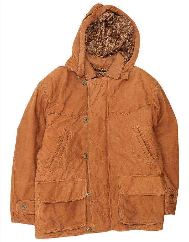 VINTAGE Herren Lederjacke mit Kapuze EU 54 2XL Braunes Leder
