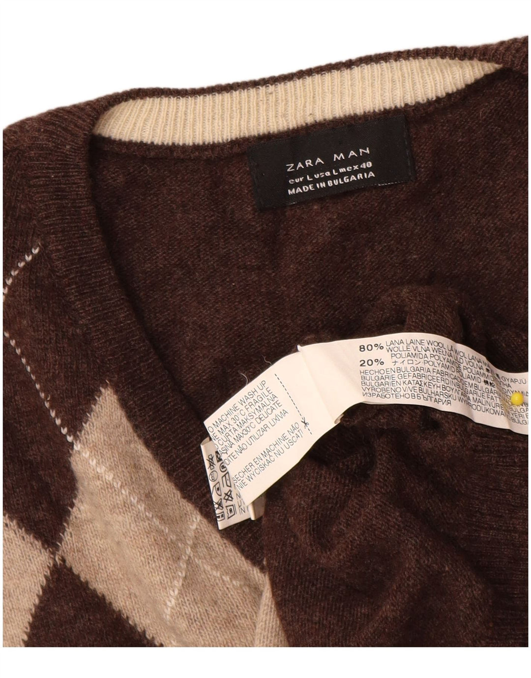 Zara Herren-Pullover mit V-Ausschnitt, groß, braune Argyle-/Diamantwolle