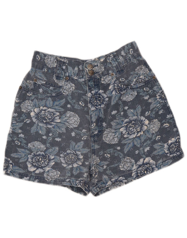 VINTAGE Jeansshorts für Mädchen mit hoher Taille, 9–10 Jahre, W26, Marineblau mit Blumenmuster