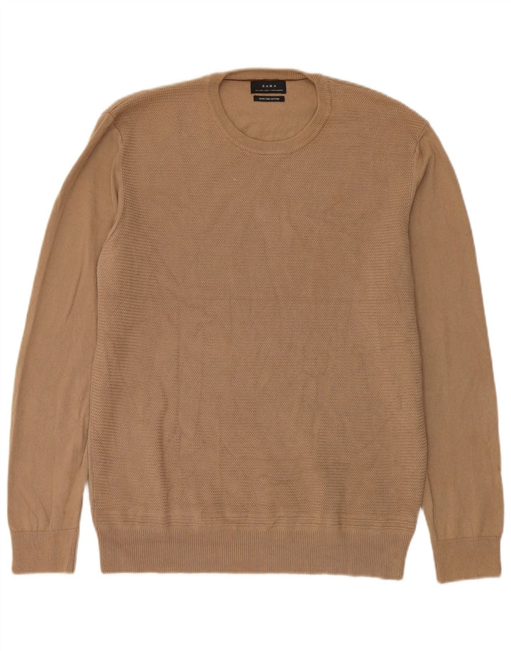 Zara Herren-Pullover mit Rundhalsausschnitt, groß, beige Baumwolle