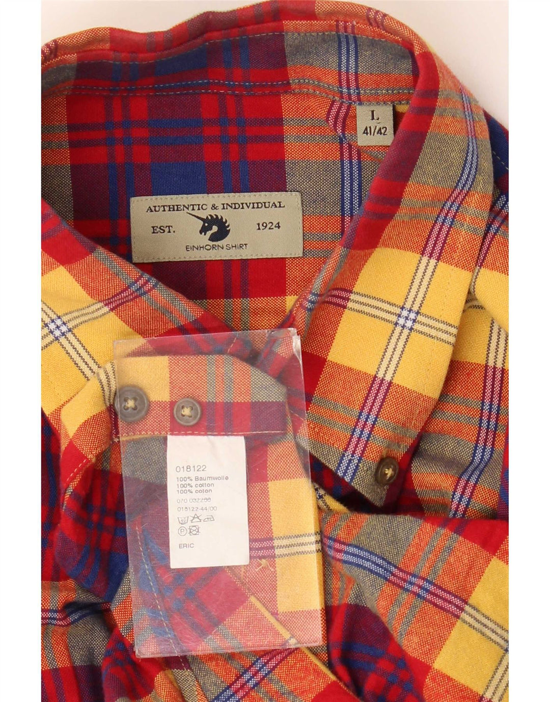 Einhorn Herren-Flanellhemd, Größe 41/42, groß, rot kariert, Baumwolle