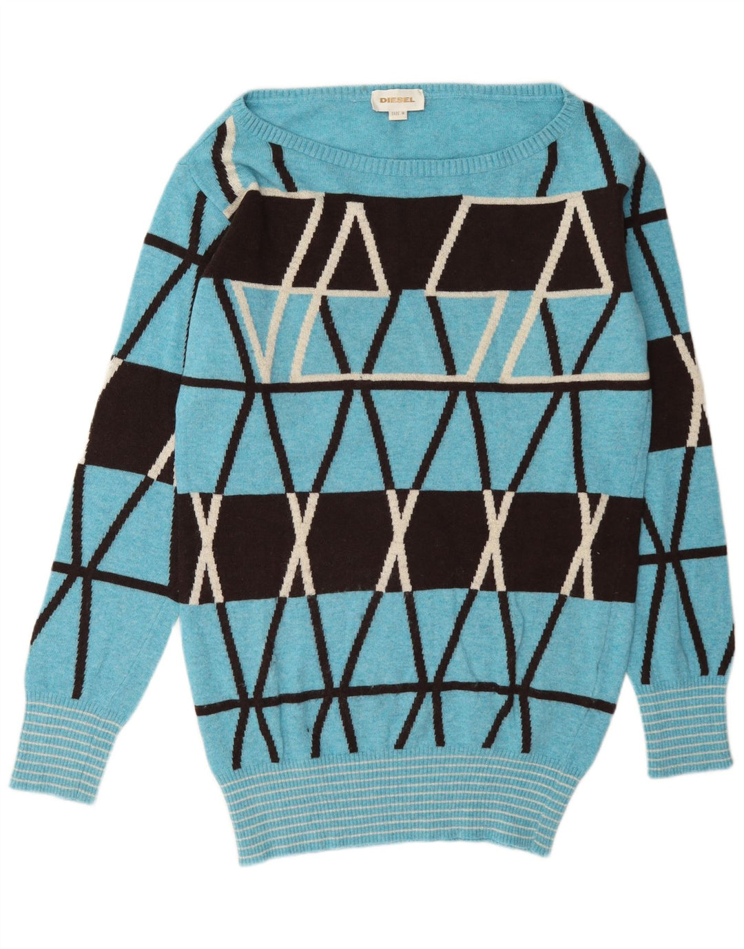 Diesel Damen-Pullover mit U-Boot-Ausschnitt, UK 14, mittelblaue, geometrische Wolle