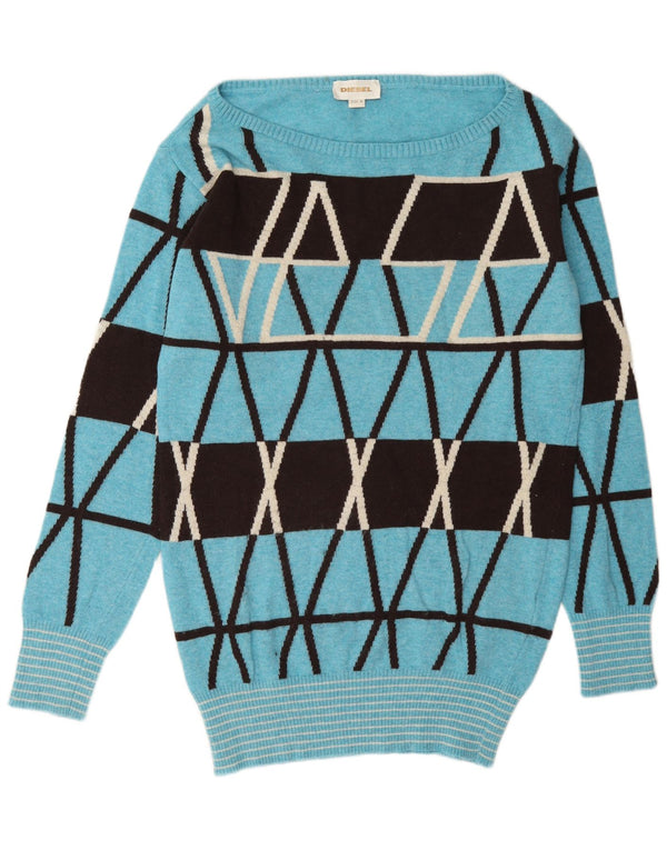 Diesel Damen-Pullover mit U-Boot-Ausschnitt, UK 14, mittelblaue, geometrische Wolle