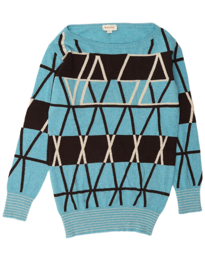 Diesel Damen-Pullover mit U-Boot-Ausschnitt, UK 14, mittelblaue, geometrische Wolle