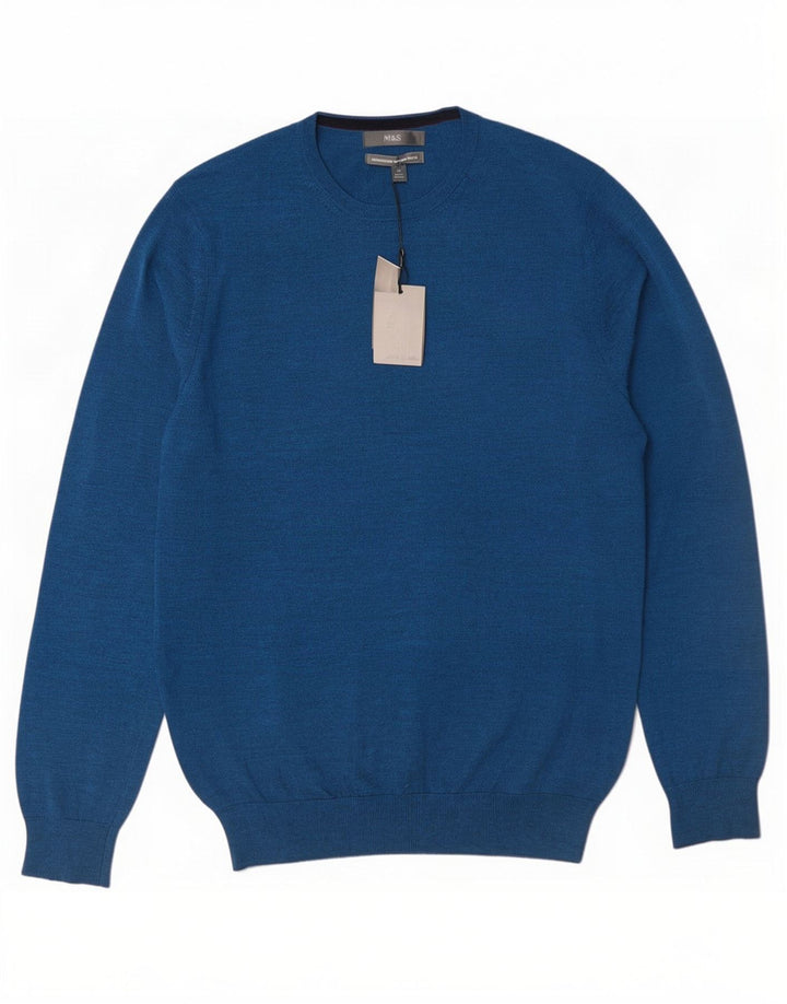 Marks & Spencer Herren-Pullover mit Rundhalsausschnitt, mittelmarineblaue Merinowolle