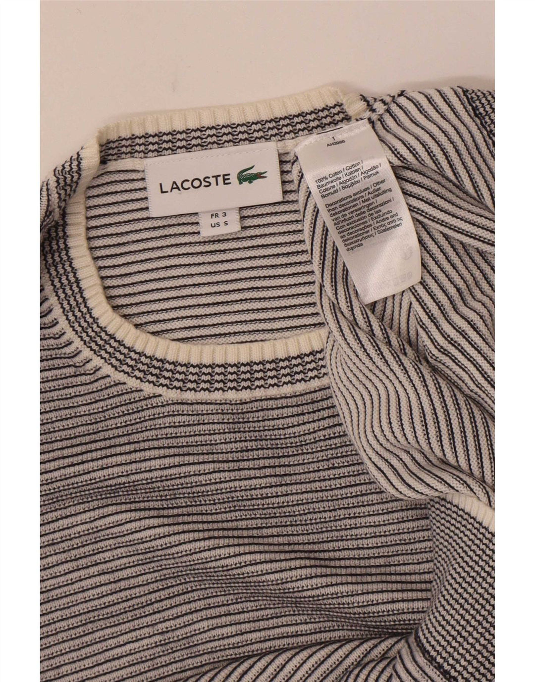 Lacoste Herren-Pullover mit Rundhalsausschnitt, Größe 3, klein, grau gestreift, Baumwolle