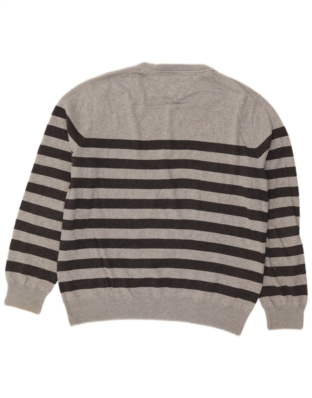Tommy Hilfiger Herren-Pullover mit V-Ausschnitt, mittelgrau, gestreift, Baumwolle