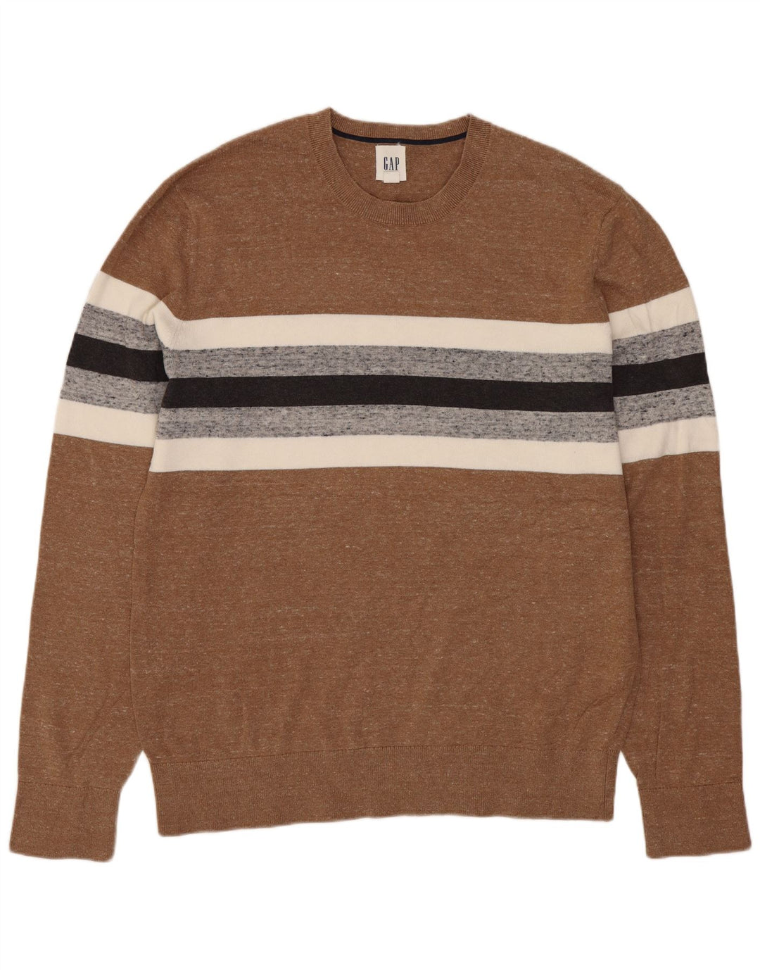 Gap Herren-Pullover mit Rundhalsausschnitt, mittelbraun, gestreift, Baumwolle, klassisch
