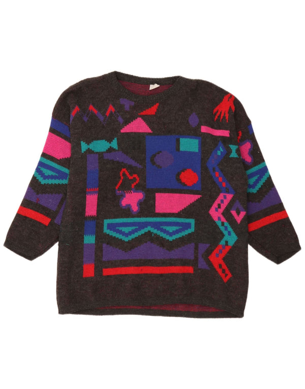 Vintage Damen Pullover mit U-Boot-Ausschnitt UK 18 XL Grau Geometrisch