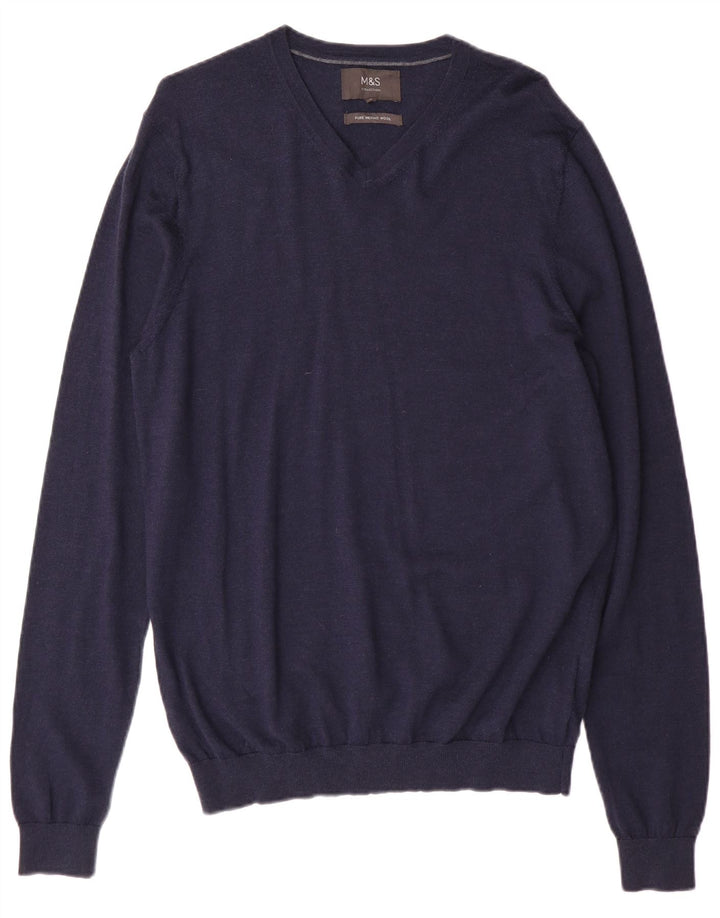 Marks & Spencer Herren-Pullover mit V-Ausschnitt aus mittelblauer Merinowolle