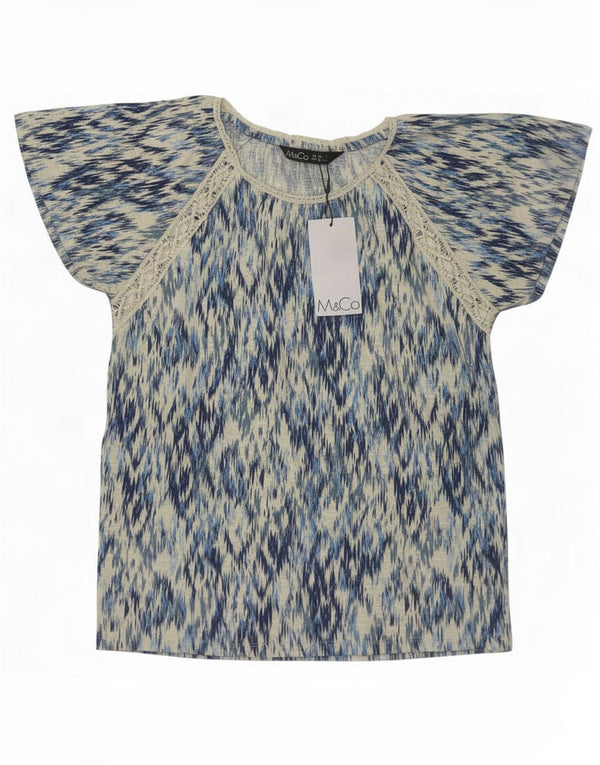 M&Co Womens Blouse Top UK 10 Small Blue Ikat Cotton