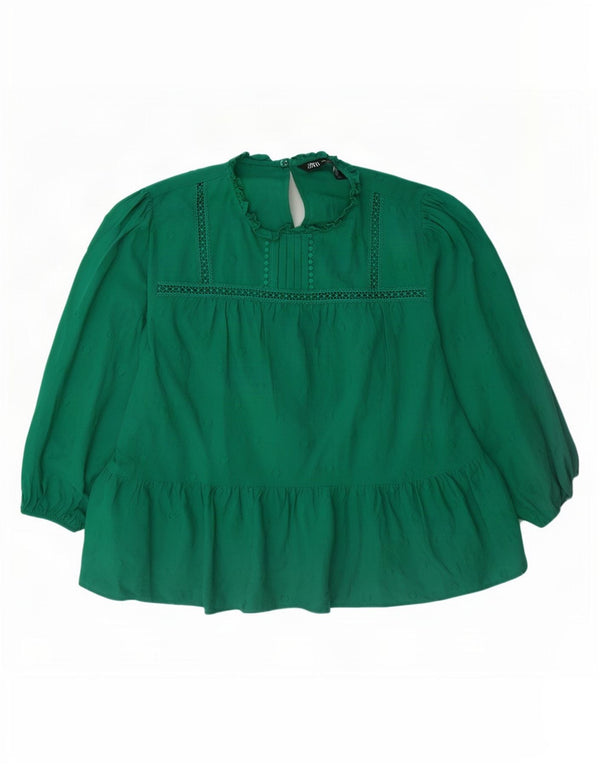 Zara Damen Langarm-Blusenoberteil UK 18 XL grün gepunktete Baumwolle