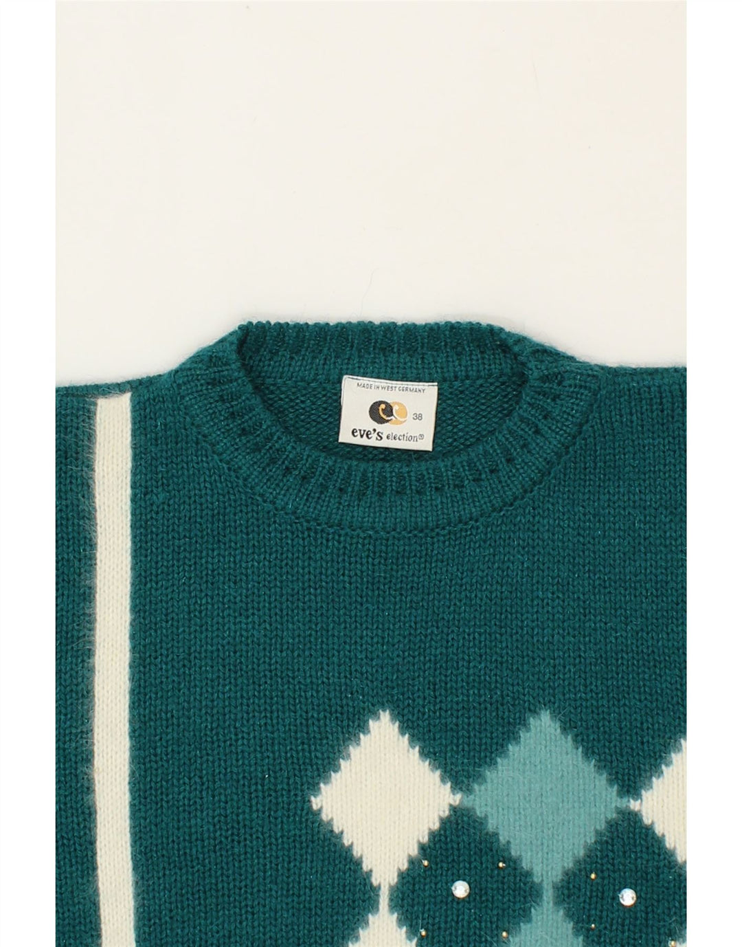 EVE Womens Crew Neck Jumper Sweater EU 38 Medium Green Argyle/Diamond Vintage Eve and Second-Hand Eve from Messina Hembry 